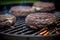 Juicy beef patties for hamburgers being grilled on a grill grate with flames underneath, generative AI