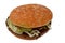 A juicy beef patty with cheese covered with sauce, crispy lettuce, fresh tomatoes, onions and pickles in a large sesame seed bun,