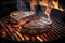 Juicy beef steaks being grilled on a grill grate with flames underneath, generative AI