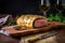 Juicy Beef Wellington with Golden Crust and Flavorful Mushroom Duxelles, Served with Elegant Presentation on a Rustic Wooden Board