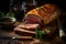juicy Beef Wellington, tenderloin dish on rustic wooden table. English food. Ai generative