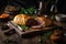 juicy Beef Wellington, tenderloin dish on rustic wooden table. English food. Ai generative