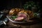 juicy Beef Wellington, tenderloin dish on rustic wooden table. English food. Ai generative