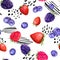 Juicy berries - raspberry, strawberry, black berry, blue berry. Seamless fun food pattern with random lines, dots -