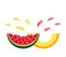 Juicy bite slices of watermelon and cantaloupe with a spray of juice. logo on a white background. flat isolated vector