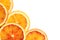 Juicy blood orange slices on white, top view. Citrus fruit