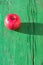 Juicy bright mature red apple on green wooden background on hard light of sunbeams with long dark shadow..Symbol of perfection, be