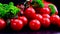 Juicy bunch of red small cocktail tomatoes lying on a black slate board, parsley greens, healthy food concept, ingredient for