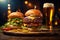 juicy burgers and a glass of beer. ai generator