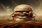 A juicy cheeseburger with bacon is dramatically presented amidst swirling, golden-hued, abstract waves and smoke, ai generative