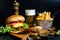 juicy cheeseburger with fries, pickles, beer and coleslaw salad served by bistro