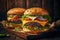 Juicy cheeseburgers with grilled meat Burger set on wooden serving board