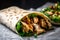 Juicy chicken shawarma wrap with fresh greens and spicy sauce, photographed up close with a blurred background