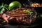 Juicy Churrasco steak sizzling on a hot grill, garnished with fresh herbs and sliced limes