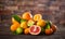 Juicy citrus fruits on the rustic table