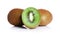 Juicy cut in a half kiwi fruit and whole kiwis fruit, on a white background. Close-up of kiwi fruit with a thin