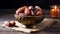 Juicy dates in a traditional bowl on wooden table