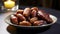 Juicy dates in a traditional bowl on wooden table