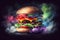 A juicy, delicious hamburger on a dark background, generative ai illustration
