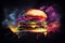 A juicy, delicious hamburger on a dark background, generative ai illustration