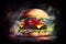 A juicy, delicious hamburger on a dark background, generative ai illustration