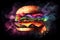 A juicy, delicious hamburger on a dark background, generative ai illustration