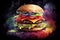 A juicy, delicious hamburger on a dark background, generative ai illustration