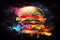 A juicy, delicious hamburger on a dark background, generative ai illustration