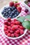Juicy and delicious raspberries and blueberry in bowl, organic fruit berries