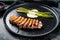 Juicy duck breast steaks with caramelized asparagus. Black background. Top view