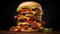 juicy fast food triple meats burger stacked with beef, cheese, bacon, and veggies on black