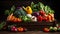 Juicy fresh vegetables on wooden box. Natural food, vegetables production. Garden produce and harvested vegetable. Farming and