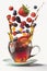 Juicy fruits with honey fall into a cup of hot tea. Fruit drink illustration. Tea splash over glass cup. Advertising illustration.