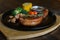 Juicy grilled pork chop with rosemary leaf, mushroom, garlic, to