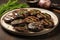 juicy grilled portobello mushrooms on a ceramic platter