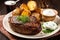 juicy grilled ribeye with baked potato and sour cream