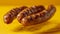 Juicy Grilled Sausages on a Vibrant Yellow Background Delicious Barbecue Closeup, Gourmet Meat Concept