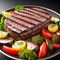 Juicy grilled steak with herbs and grilled vegetables. Generative AI