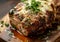 Juicy grilled steak topped with herbs and melted cheese