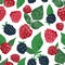 Juicy hand drawn raspberry and blackberry seamless pattern. Ripe fresh wild berries branches with fruits and leaves