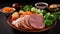 Juicy honey ham with vegetable meal. Generative AI,