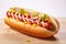 Juicy hot dog with mustard, mayonnaise and ketchup on a white background