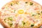Juicy Italian pizza with cheese and mushrooms on a white plate. Close-up  top view. Food delivery concept