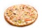 Juicy Italian pizza with cheese and mushrooms on a white plate. Close-up  top view. Food delivery concept
