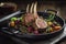 Juicy lamb chop steak on a black plate, adorned with vegetables and rosemary. Ai generarted