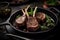 Juicy lamb chop steak on a black plate, adorned with vegetables and rosemary. Ai generarted