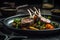 Juicy lamb chop steak on a black plate, adorned with vegetables and rosemary. Ai generarted