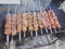 Juicy marinated in spices meat kebab on skewers, cooked and fried on a fire and charcoal barbecue grill, in the nature of snowy