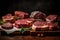 Juicy medium Beef Rib Eye steak slices in pan on wooden board with fork, knife herbs. AI generated.