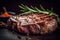 Juicy medium Beef Rib Eye steak slices in pan on wooden board with fork, knife herbs. AI generated.